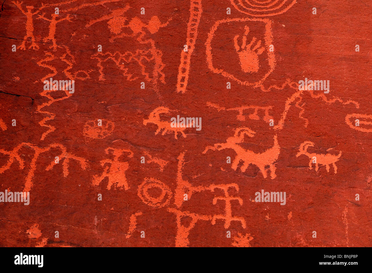 Atatl pitture rupestri della Valle del Fuoco del Parco Statale Nevada USA America del Nord America di viaggio viaggi rocce dipinti disegni indian Foto Stock