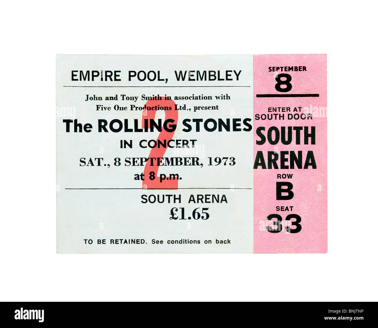 Biglietto concerto per un Rolling Stones concerto presso la piscina impero, Wembley, 8 settembre 1973. Nota Prezzo del biglietto: £1.65! Foto Stock