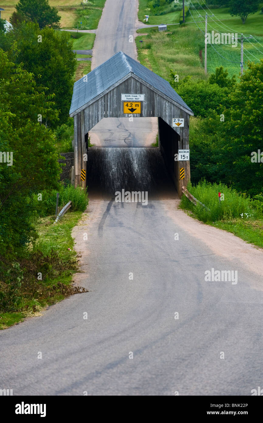 Un ponte coperto su un avvolgimento 2 lane road. Foto Stock