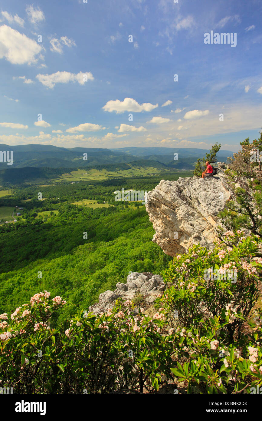 Escursionista godendo di vista della Germania Valle e manopola di abete rosso da Nord a forcella il sentiero di montagna, Franklin, West Virginia, USA Foto Stock