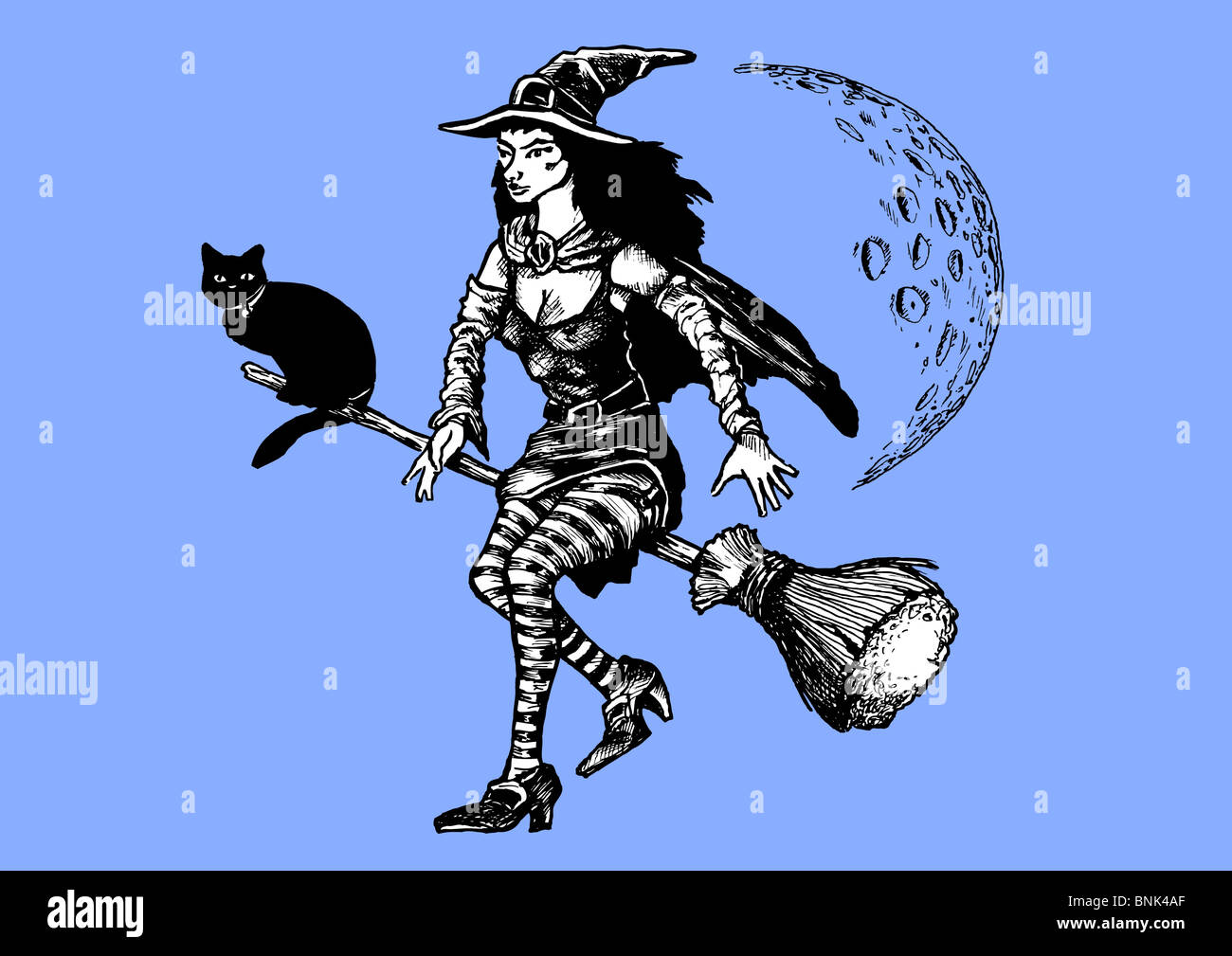 Illustrazione di una strega e il suo gatto a volare su una scopa Foto Stock