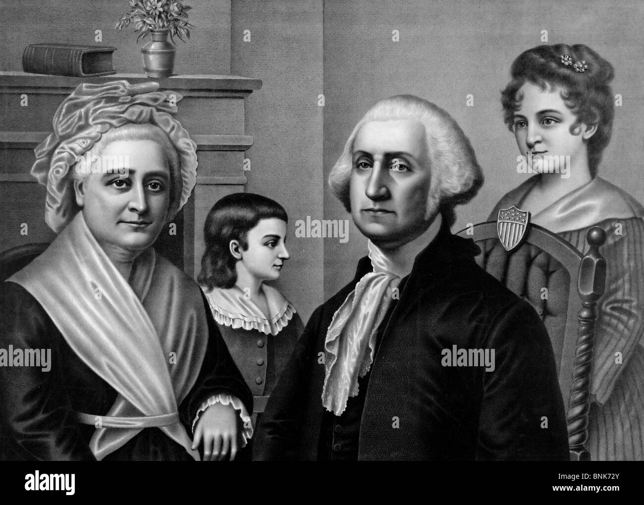 George Washington seduto, mezza lunghezza, con Martha Washington e due figli, a Mount Vernon Foto Stock