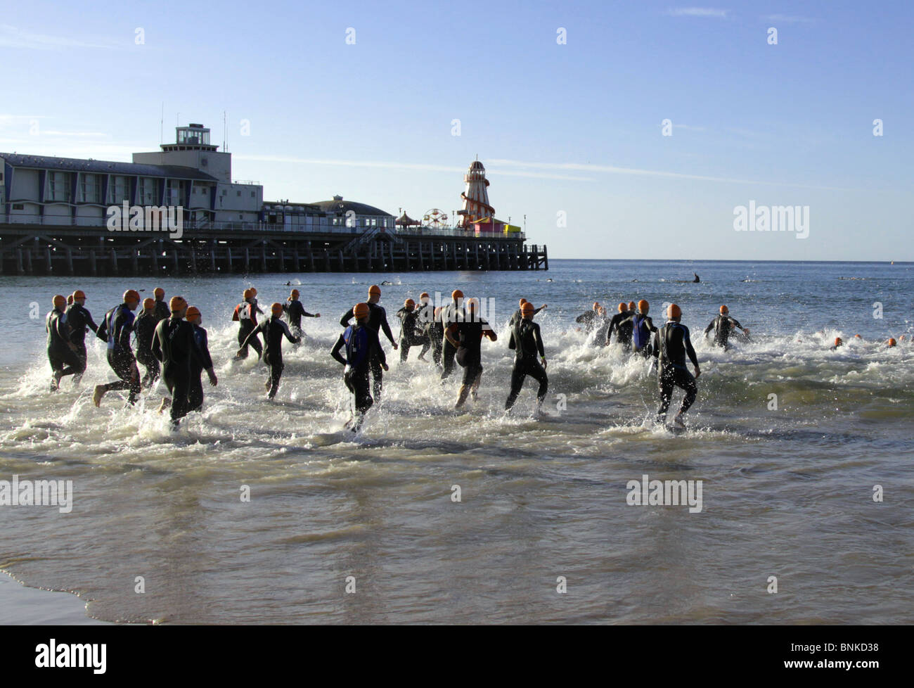 Triatleti entrata in acqua al 2010 Bournemouth Olympic Triathlon Foto Stock