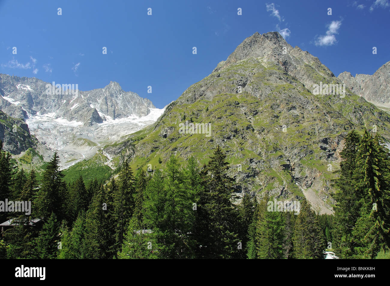 Terra di confine del paese di frontiera dello Stato nazione a livello nazionale a livello nazionale delle montagne alpine foresta legno ghiacciaio punto vertice di picco peak Foto Stock