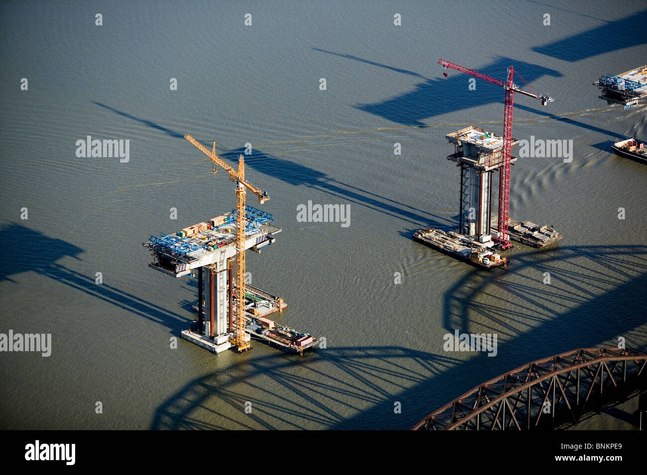 Vista aerea sopra San Francisco Bay Bridge costruzione Foto Stock