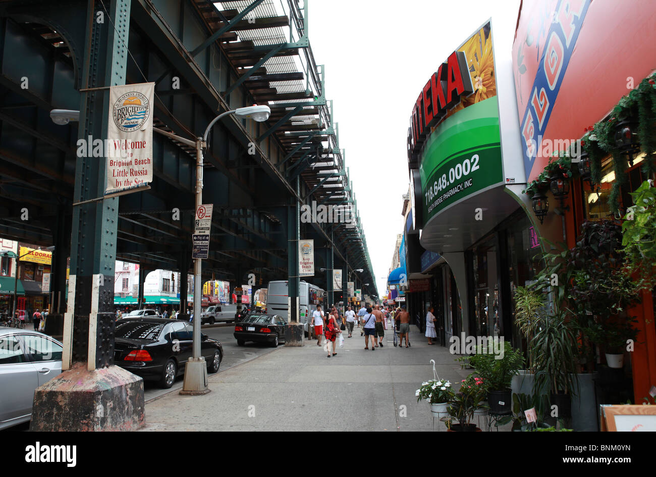 Scena di strada al di sotto della linea metropolitana Spiaggia di Brighton, Brooklyn, NY Foto Stock