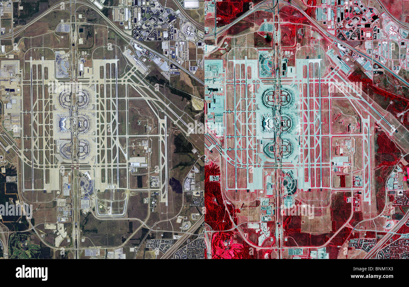 Antenna Visualizza Mappa al di sopra di Dallas Fort Worth International airport Irving Texas a infrarossi colore naturale di confronto Foto Stock