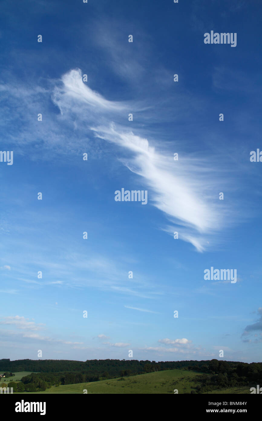 Un whispy Cirrus cloud al di sopra del Chiltern Hills nel Buckinghamshire Inghilterra Foto Stock