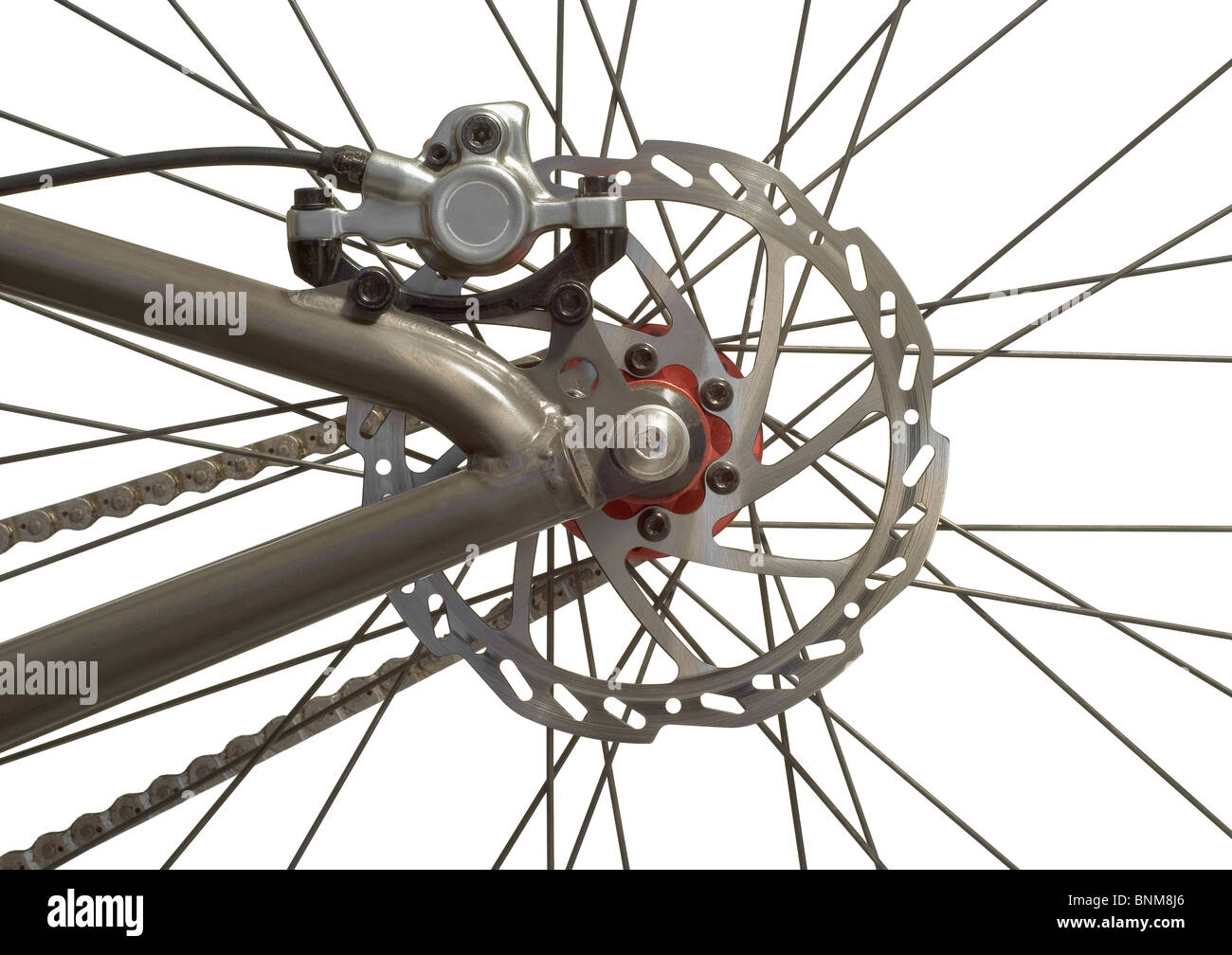 Bicicletta ruota posteriore con freni a disco su bianco Foto Stock