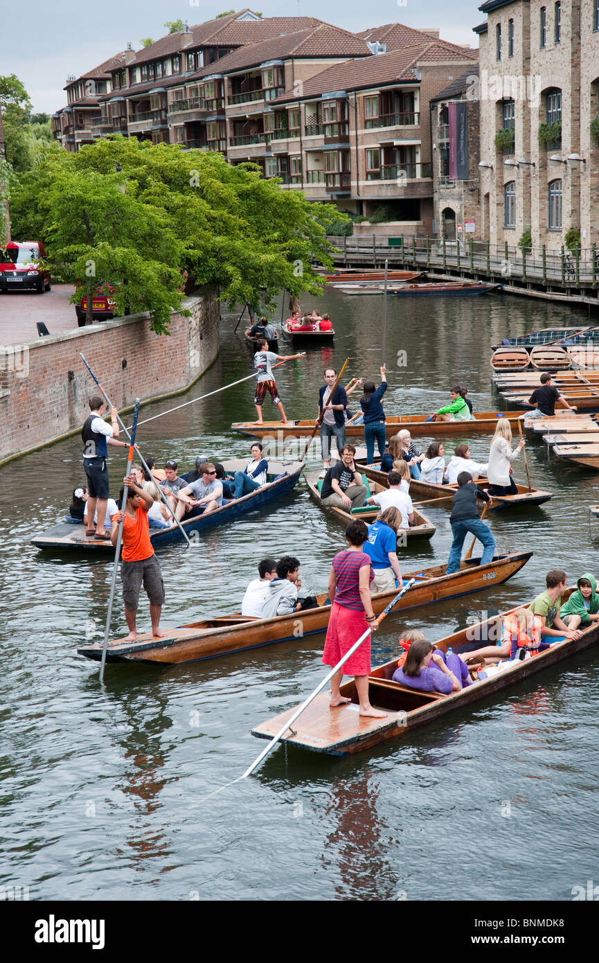 Punting sul fiume Cam, Cambridge - mostrato sul giorno molto affollato con molti scommettitori Foto Stock