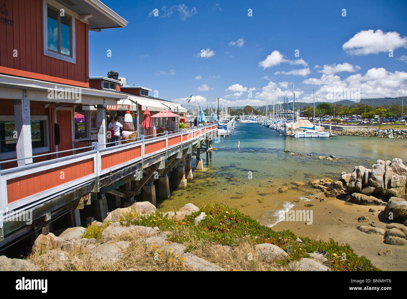 Historic Fishermans Wharf area dei negozi e ristoranti di Monterey in California Foto Stock