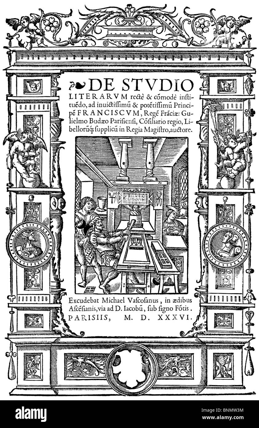 Pagina del titolo da 'De Studio Literarum..." (1536) ristampato in 'Die Bücher-Ornamentik Der Renaissance' (Butsch, 1881) Foto Stock