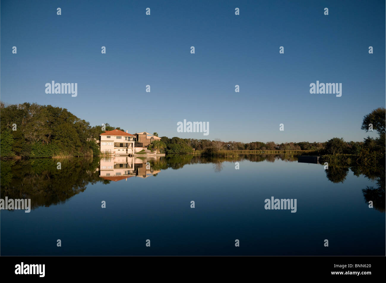 Un piccolo lago della Florida è un posto ideale per costruire una casa, pesce per LARGEMOUTH BASS o godere di altri sport acquatici. Foto Stock