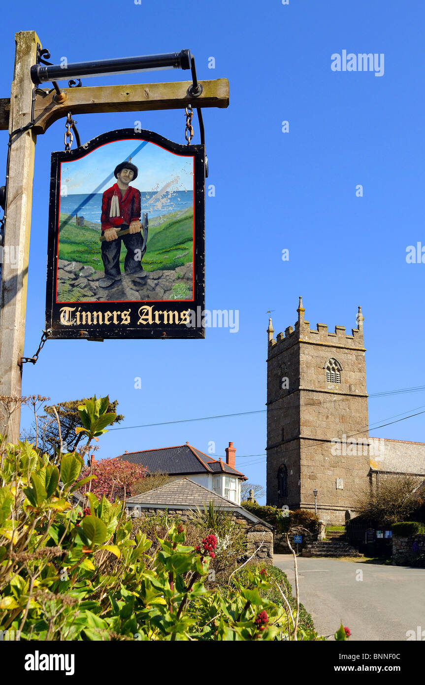 Il tinners arms pub segno nel villaggio di zennor, Cornwall, Regno Unito Foto Stock