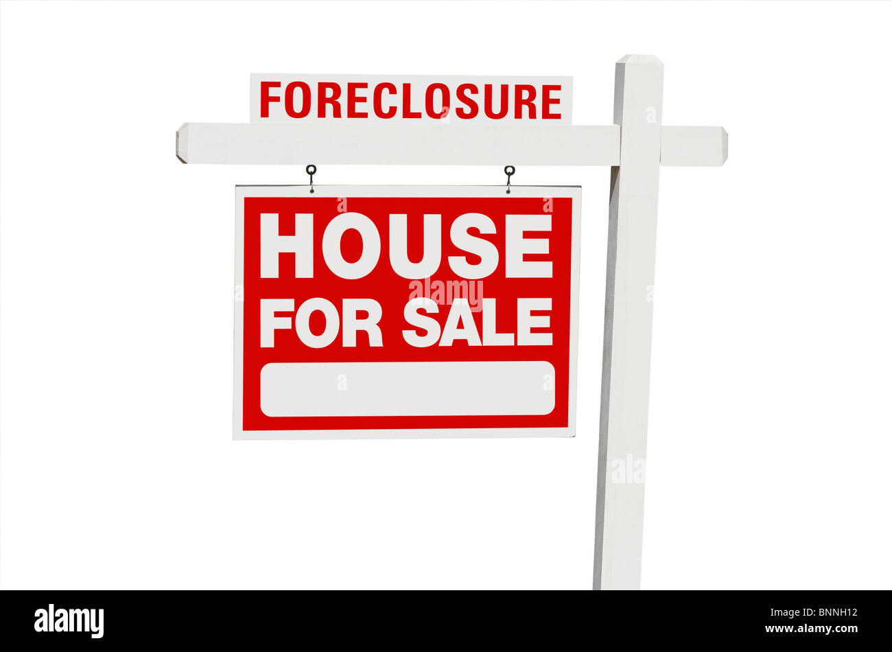 Casa di preclusione per la vendita immobiliare di segno isolato su uno sfondo bianco. Foto Stock