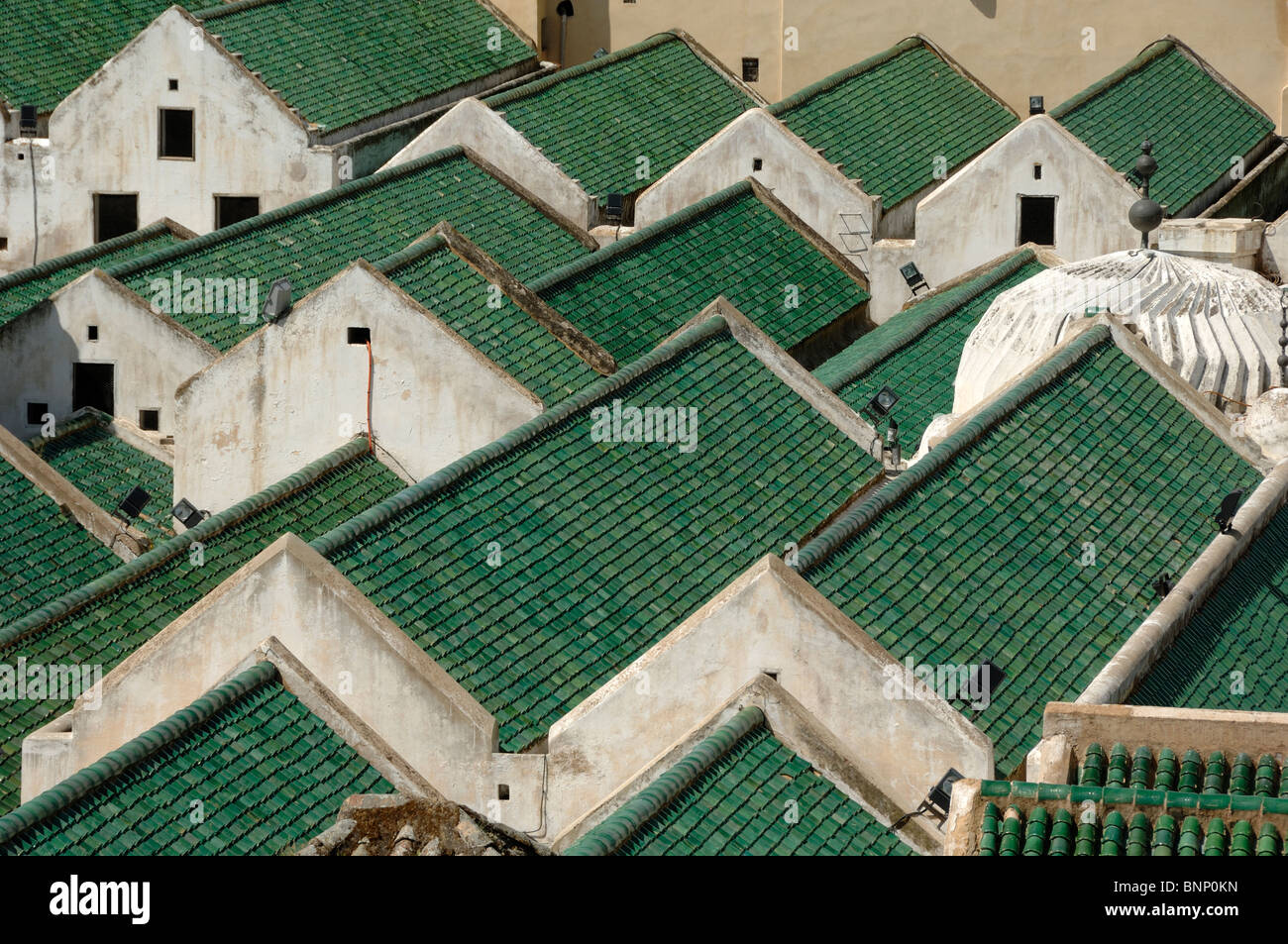 Tessere verdi del tetto, tetti verdi o tetto verde della Moschea di Kairaouine & Arabo o Università Islamica (F.859) Fez, Morooco Foto Stock