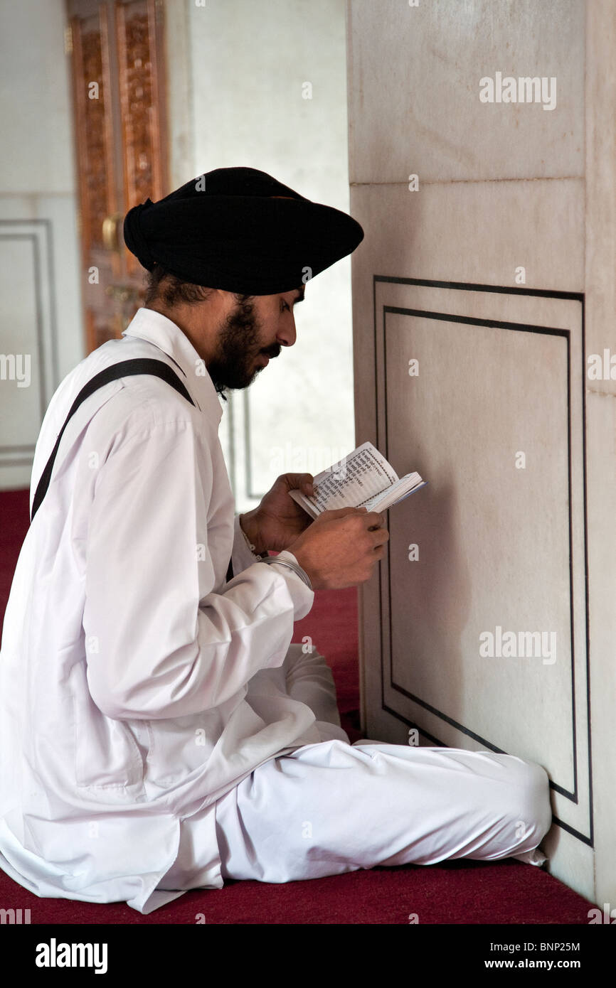 La religione sikh devoto la lettura dei testi sacri. Il Tempio Dorato. Amritsar. India Foto Stock