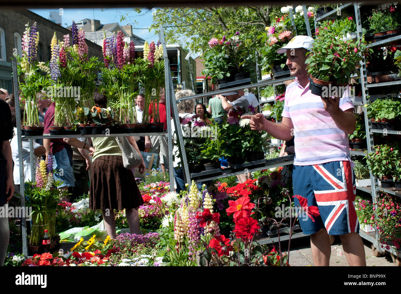 Il venditore che mostra la sua mercanzia, Columbia Road Flower Market, LONDRA, E2, England, Regno Unito Foto Stock