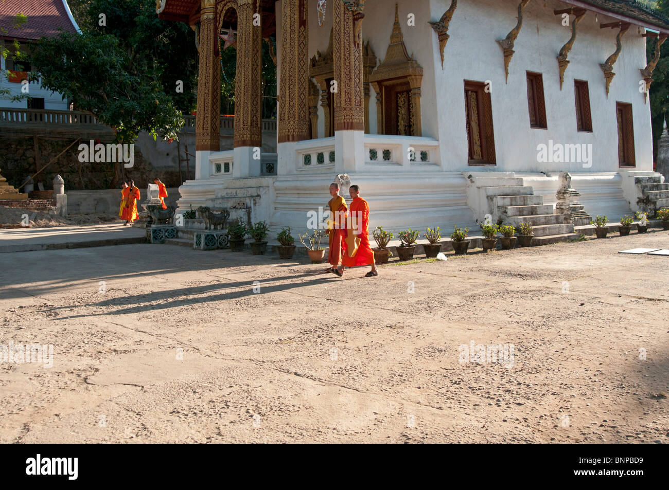 I monaci buddisti passeggiata attraverso il loro tempio motivi a Luang Prabang, Laos Foto Stock