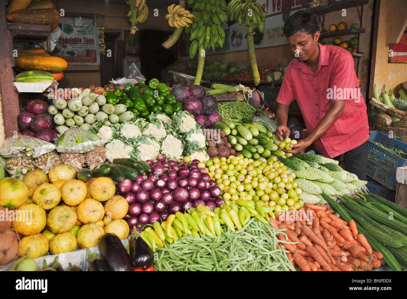Uomo indiano acquistare verdure da un lato strada in stallo Foto Stock