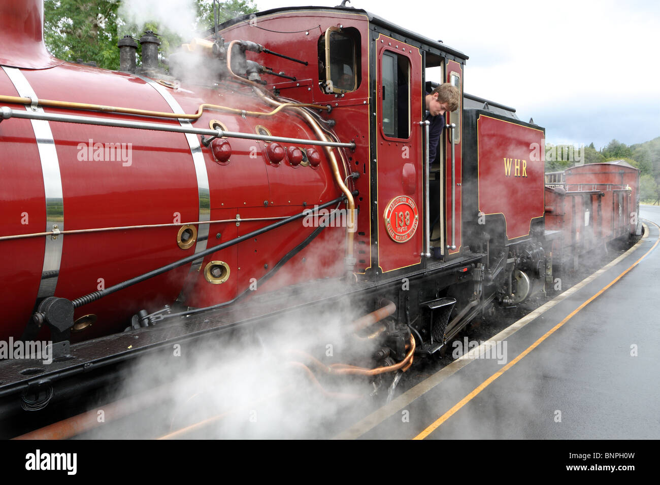 Locomotiva a vapore, Welsh Highland Railway, Gwynedd, il Galles del Nord, Regno Unito Foto Stock