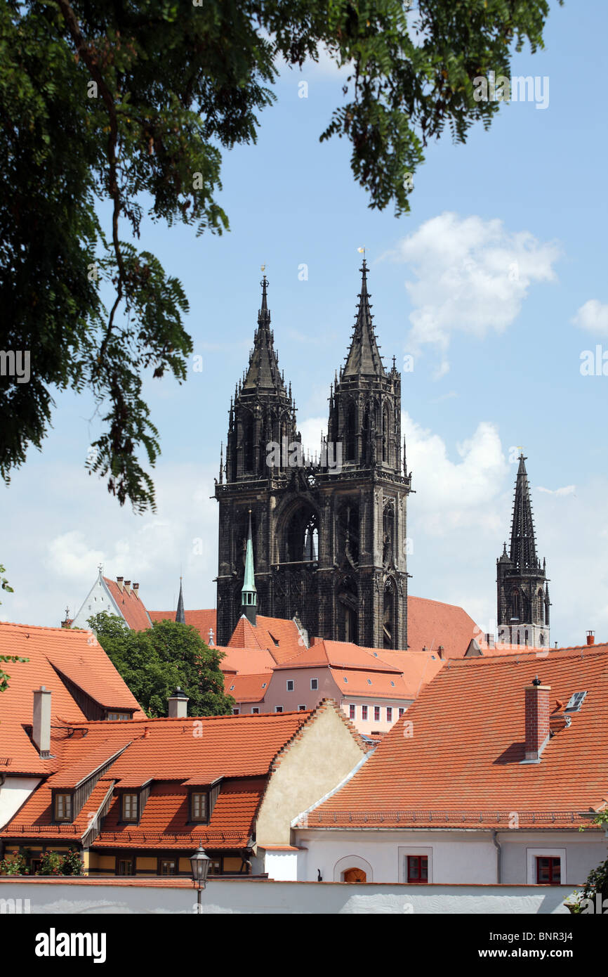 Le torri della cattedrale di Meissen, Meißner Dom, visto da di Sant'Afra (chiesa Sankt Afra Kirche), Germania, Europa Foto Stock