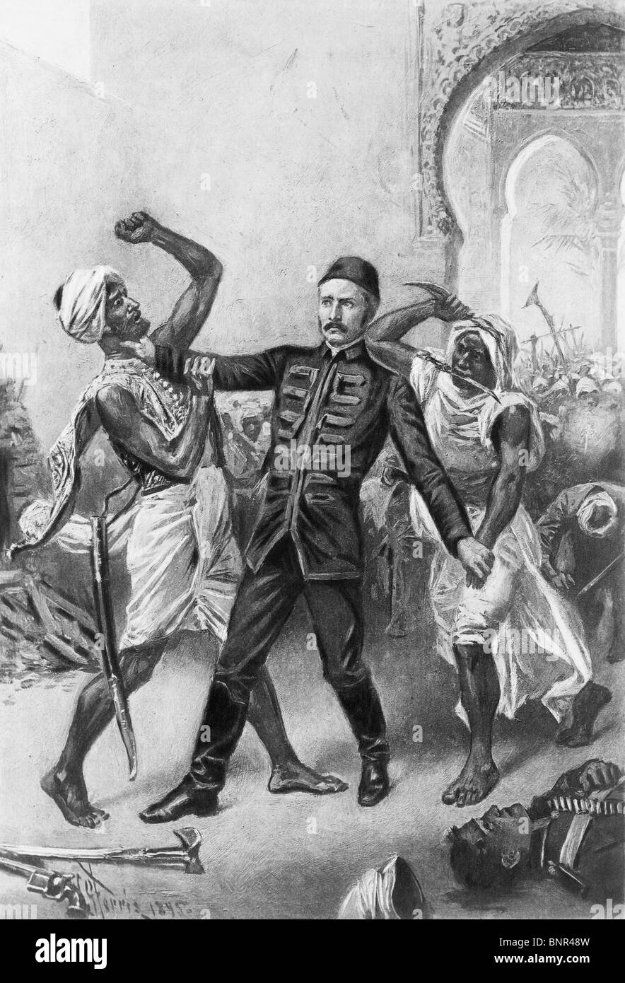 Stampa Vintage raffigurante la morte del generale inglese Charles Gordon nel gennaio 1885 in seguito all'Assedio di Khartoum in Sudan. Foto Stock