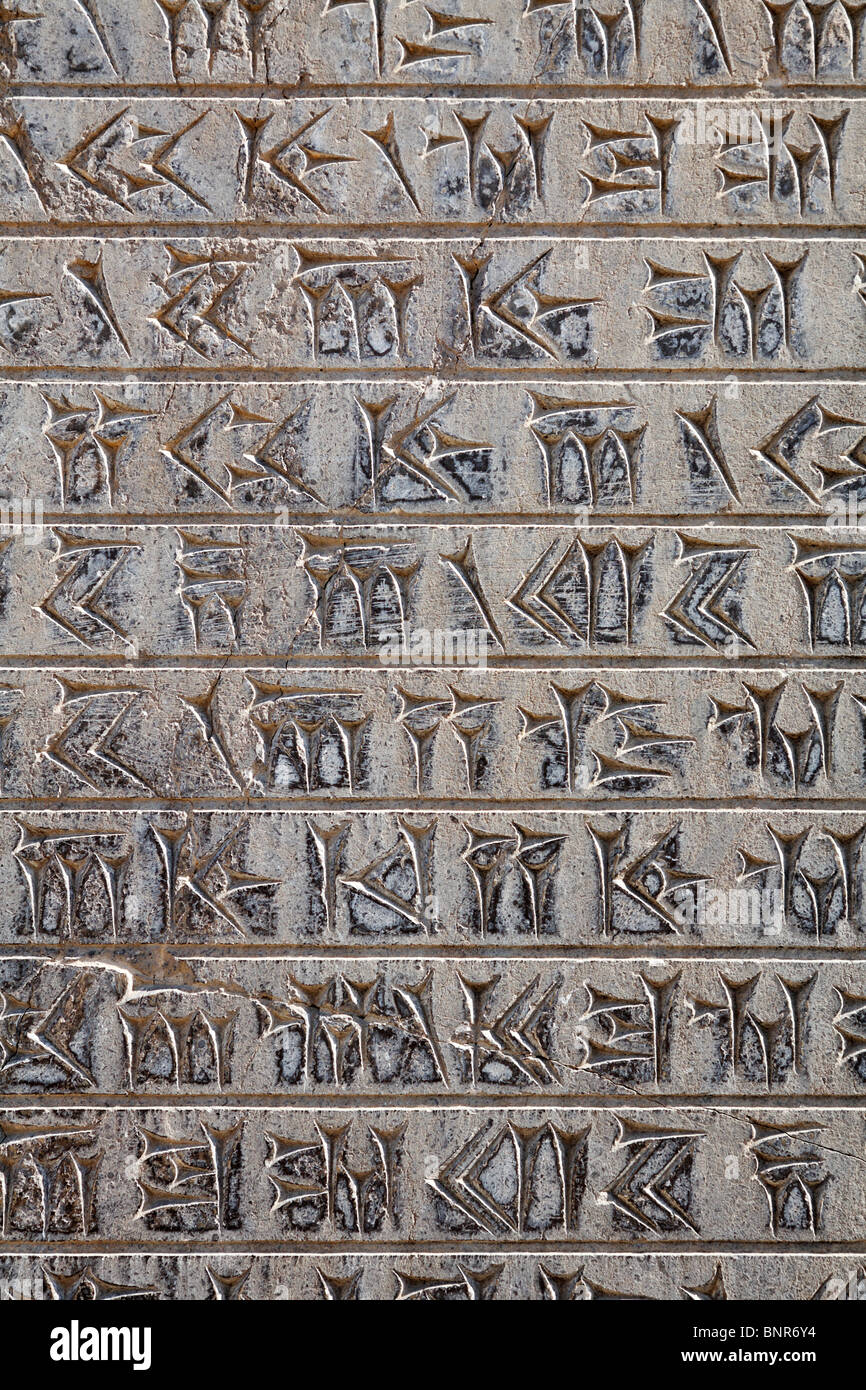 Iran - Persepoli - scolpito script cuneiformi Foto Stock