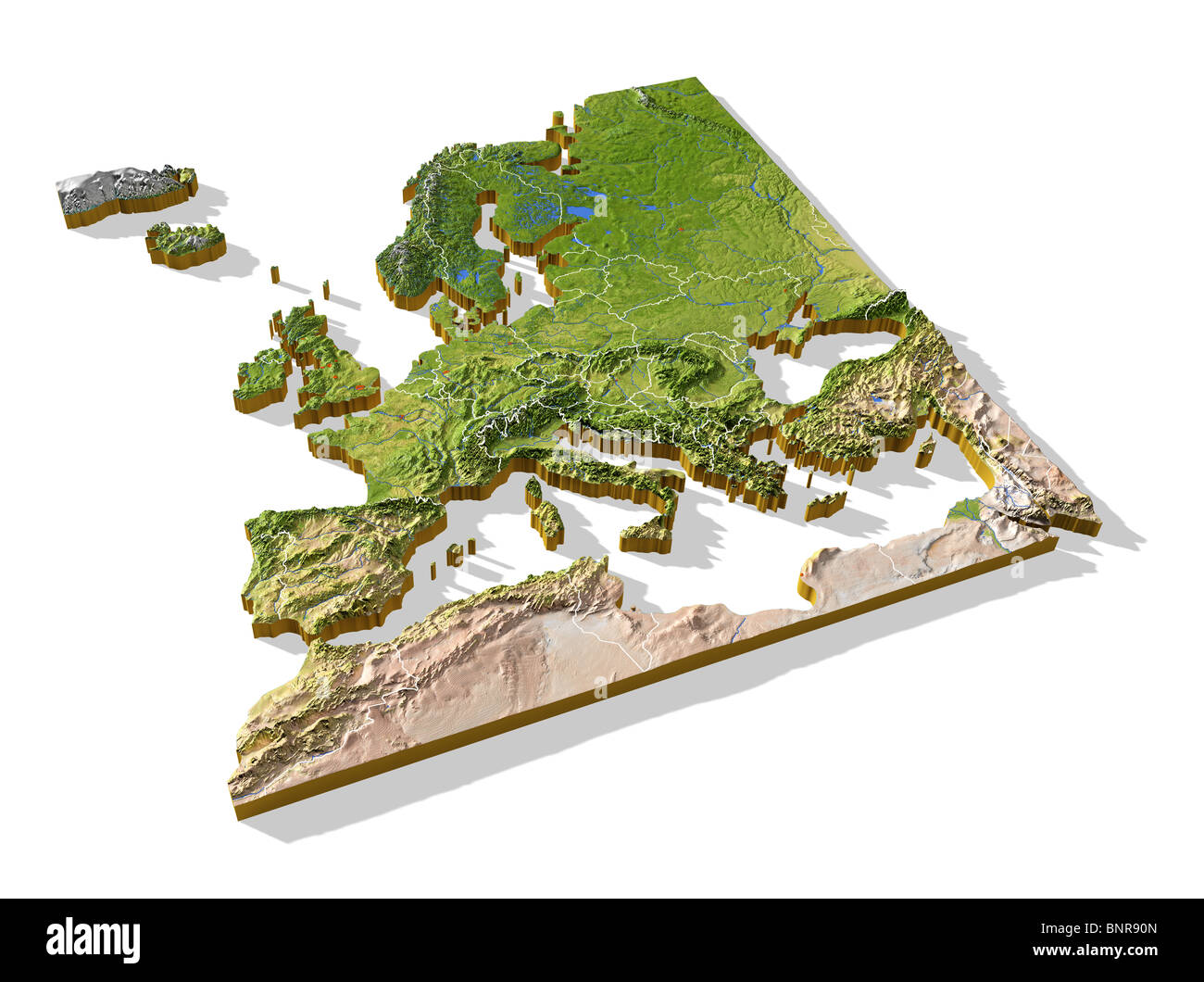 Europa, 3D rilievo mappa cut-out con frontiere. Foto Stock