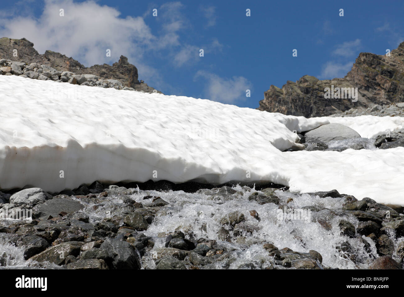 Neve di fusione a partire di un flusso in montagna nelle immediate vicinanze del ghiacciaio Rettenbach, Sölden, Tirolo, Austria nel mese di luglio Foto Stock
