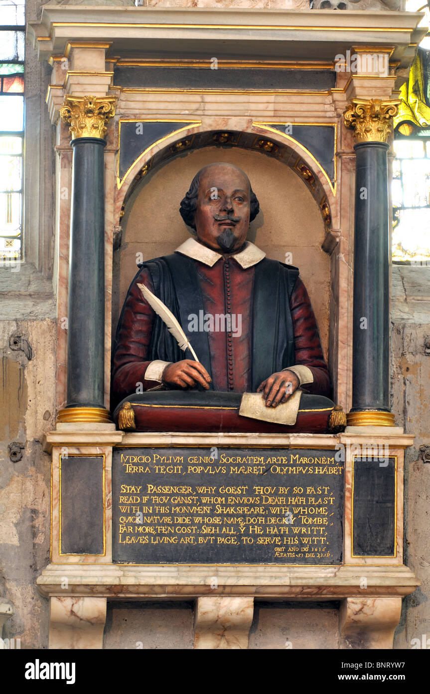 William Shakespeare busto nella chiesa della Santa Trinità, Stratford-upon-Avon, Warwickshire, Inghilterra, Regno Unito Foto Stock
