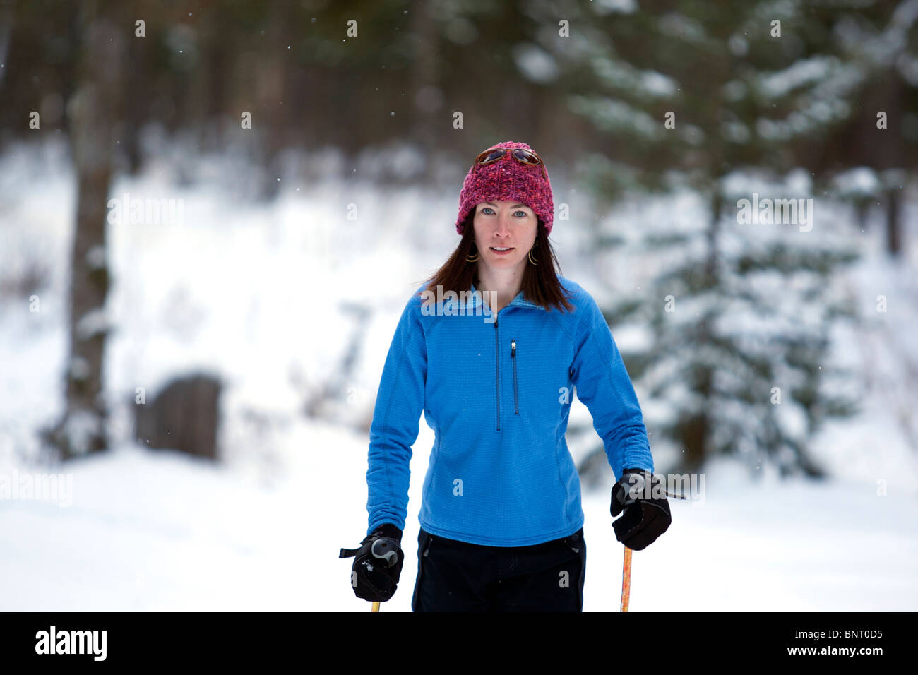 Una donna sci di fondo sci su un sentiero in una foresta. Foto Stock