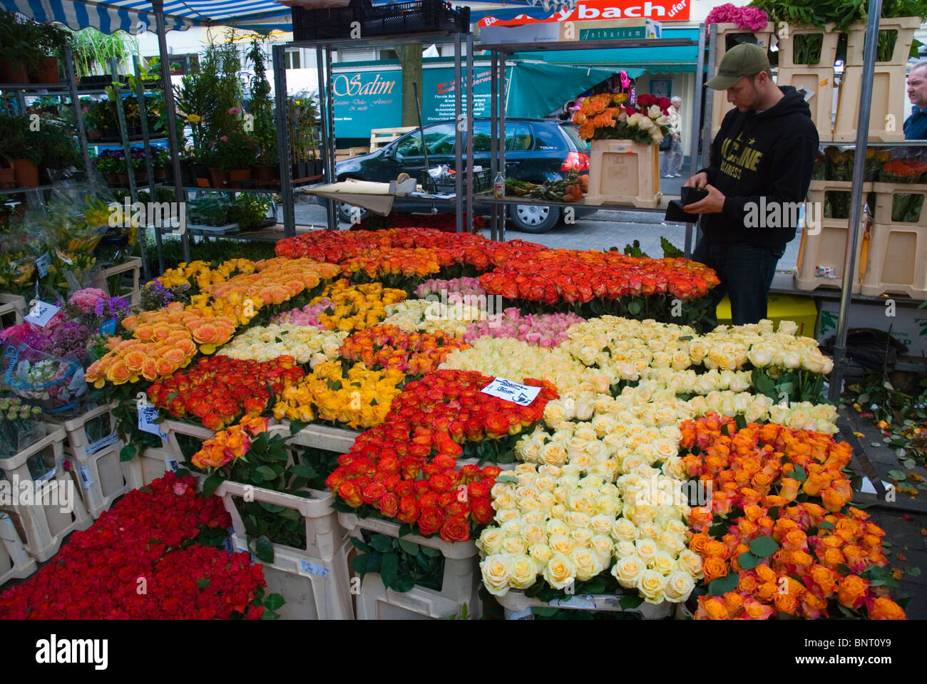 Fiore di stallo Türkenmarkt al mercato turco kreuzberg Berlino ovest Germania Europa Foto Stock