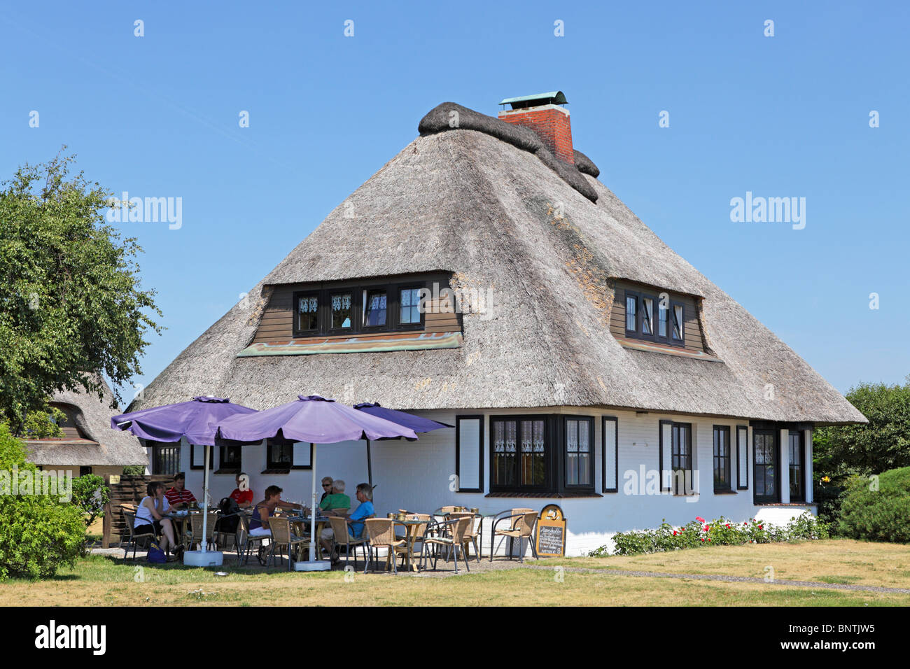 Casa di paglia presso il porto di isola di Langeoog, East Friesland, Bassa Sassonia, Germania Foto Stock
