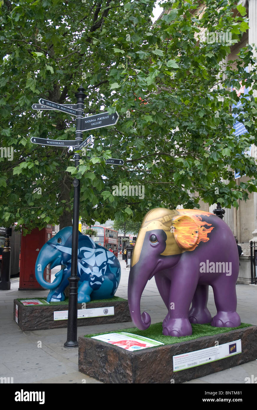 Due elefanti in Trafalgar Square e parte dell'Elephant Parade London 2010, Londra Inghilterra REGNO UNITO Foto Stock