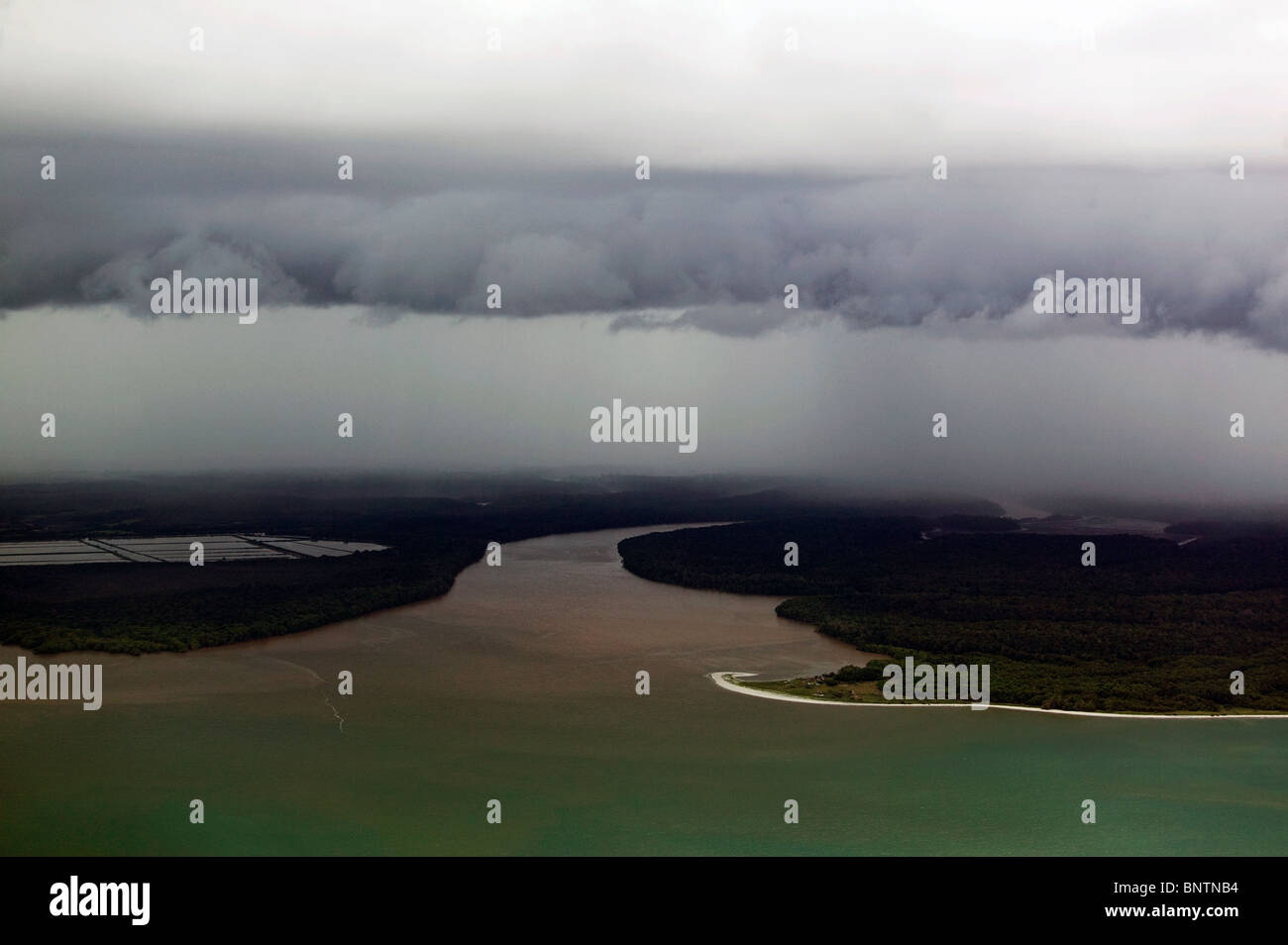 Vista aerea al di sopra di una fitta nebbia banca strati foce del fiume costa del Pacifico Panama Foto Stock