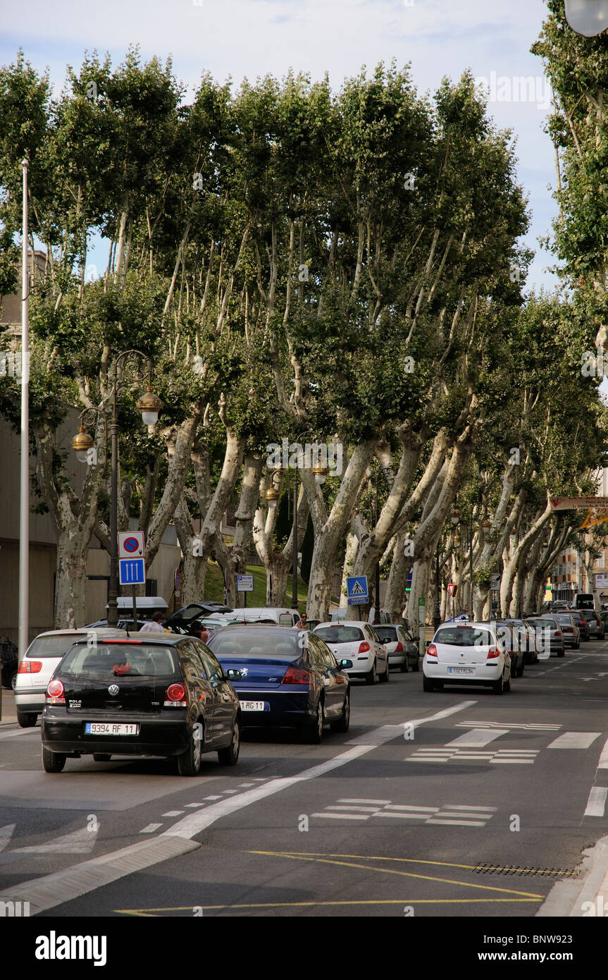 Un modo in cui il traffico su un piano strada alberata in Narbonne centro città a sud della Francia Foto Stock
