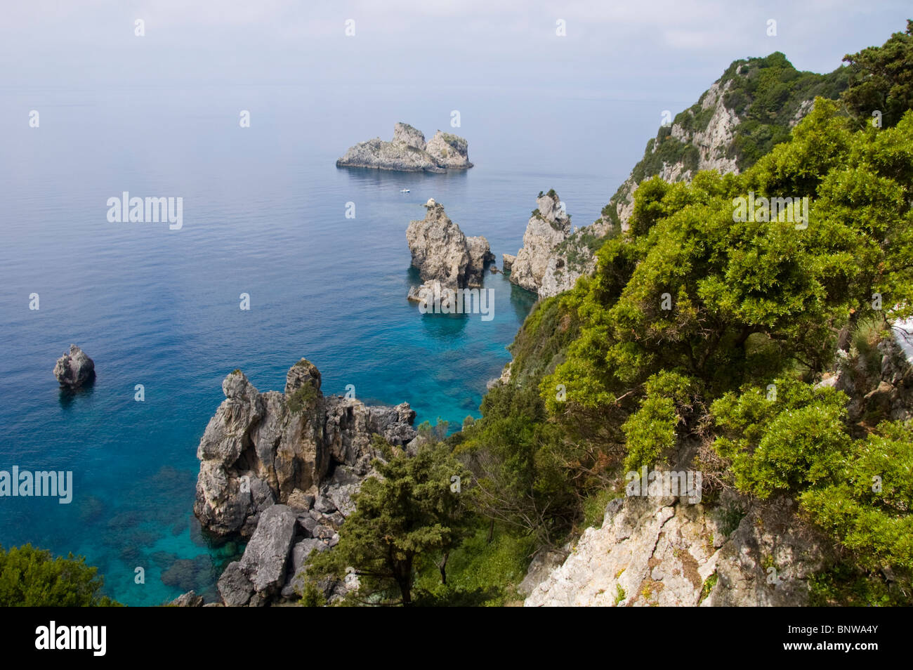 Rocky aspro promontorio a Paleokastritsa sull'isola greca di Corfu Grecia GR Foto Stock