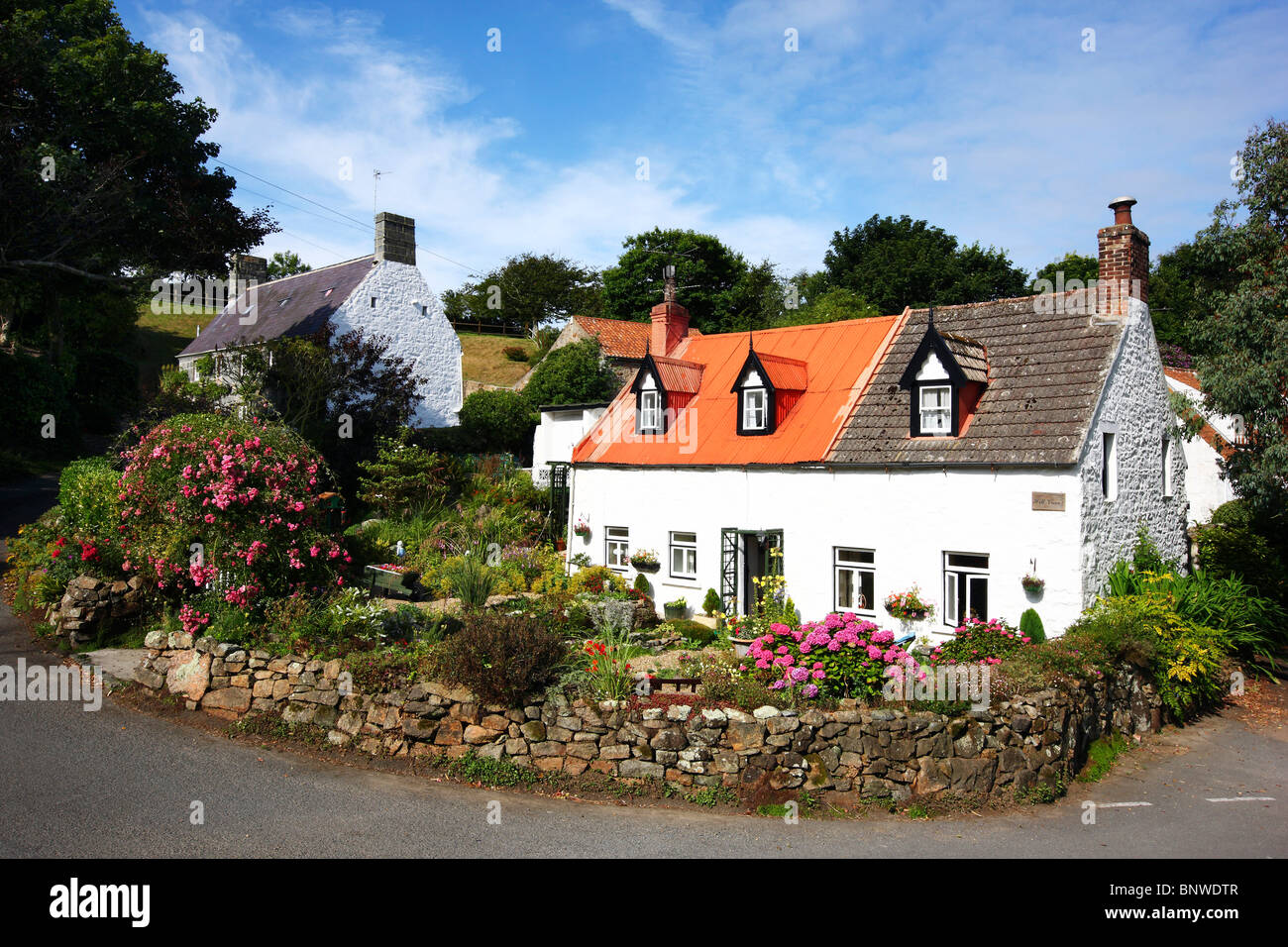 Le tipiche case in pietra, fatta principalmente di granito, decorato con un sacco di fiori, Guernsey, Isole del Canale, UK. Foto Stock
