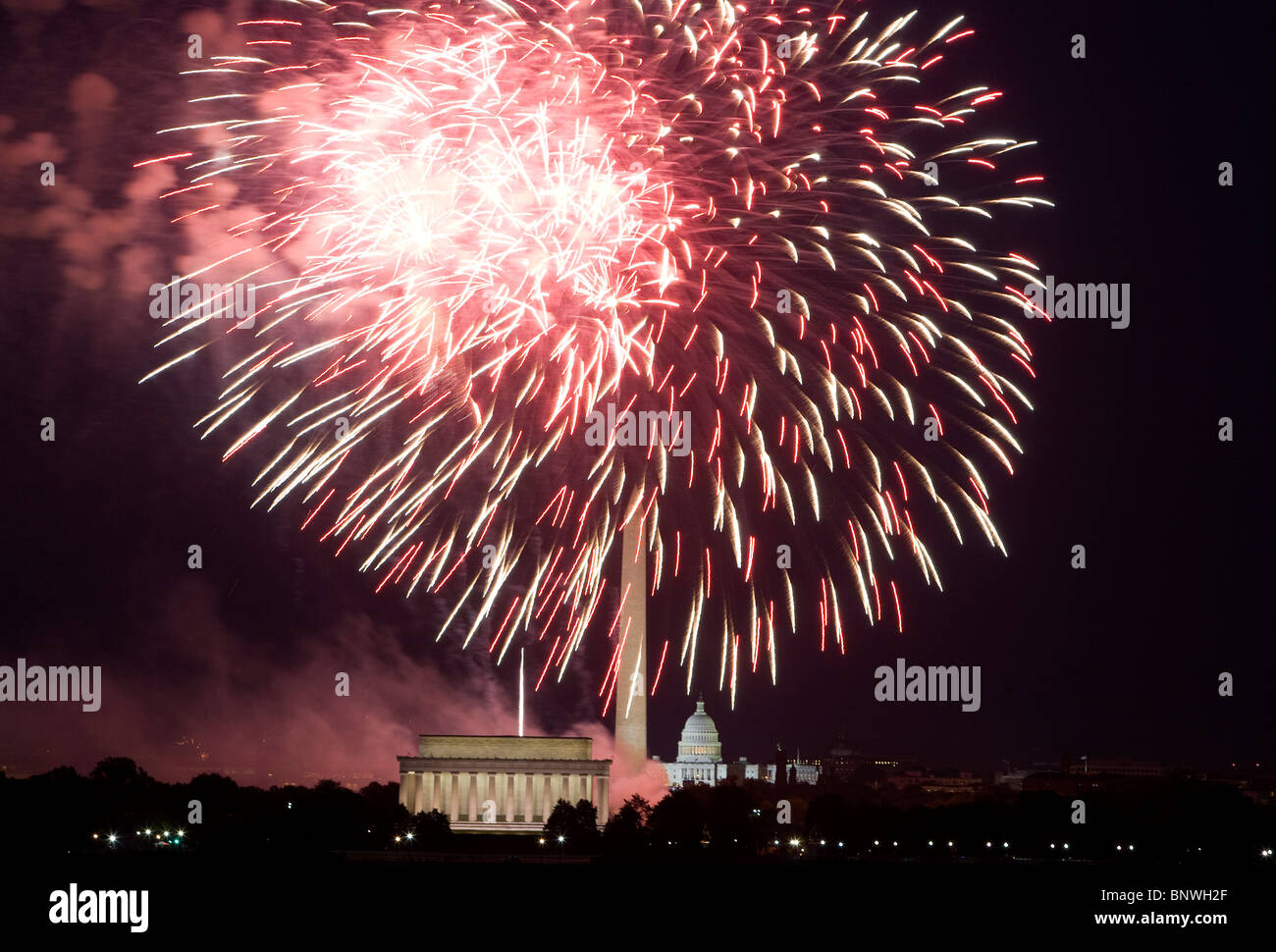 Quarto di luglio Fireworks in Washington, DC. Foto Stock