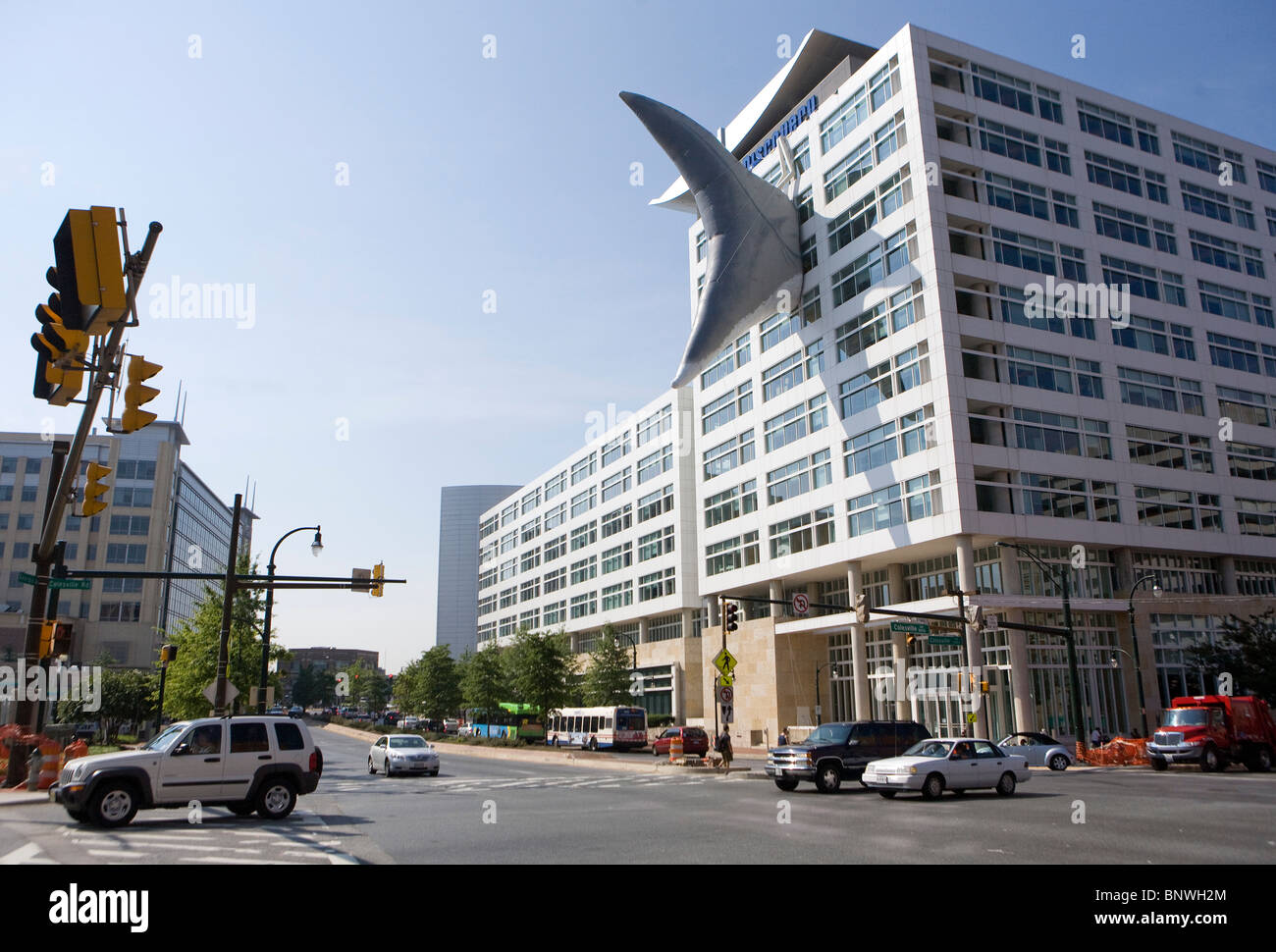 Discovery Channel headquarters con la Shark settimana decorazioni. Foto Stock