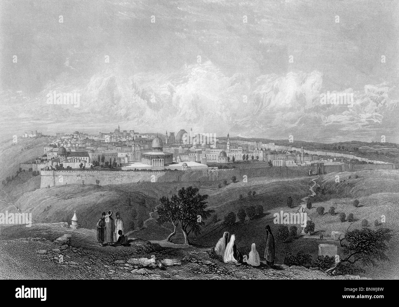 Città di Gerusalemme visto dalla cima del monte degli Ulivi in tempi biblici, Foto Stock