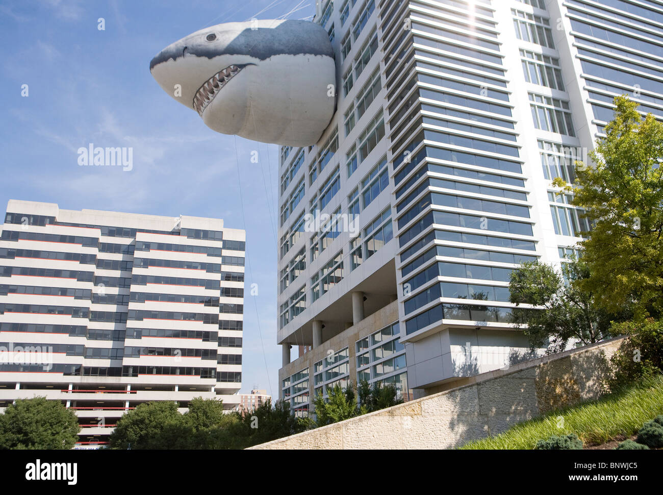 Discovery Channel headquarters con la Shark settimana decorazioni. Foto Stock