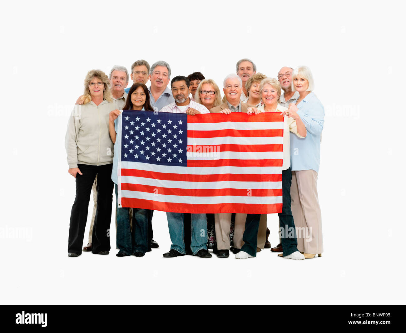 Gruppo di persone in possesso di una bandiera americana Foto Stock