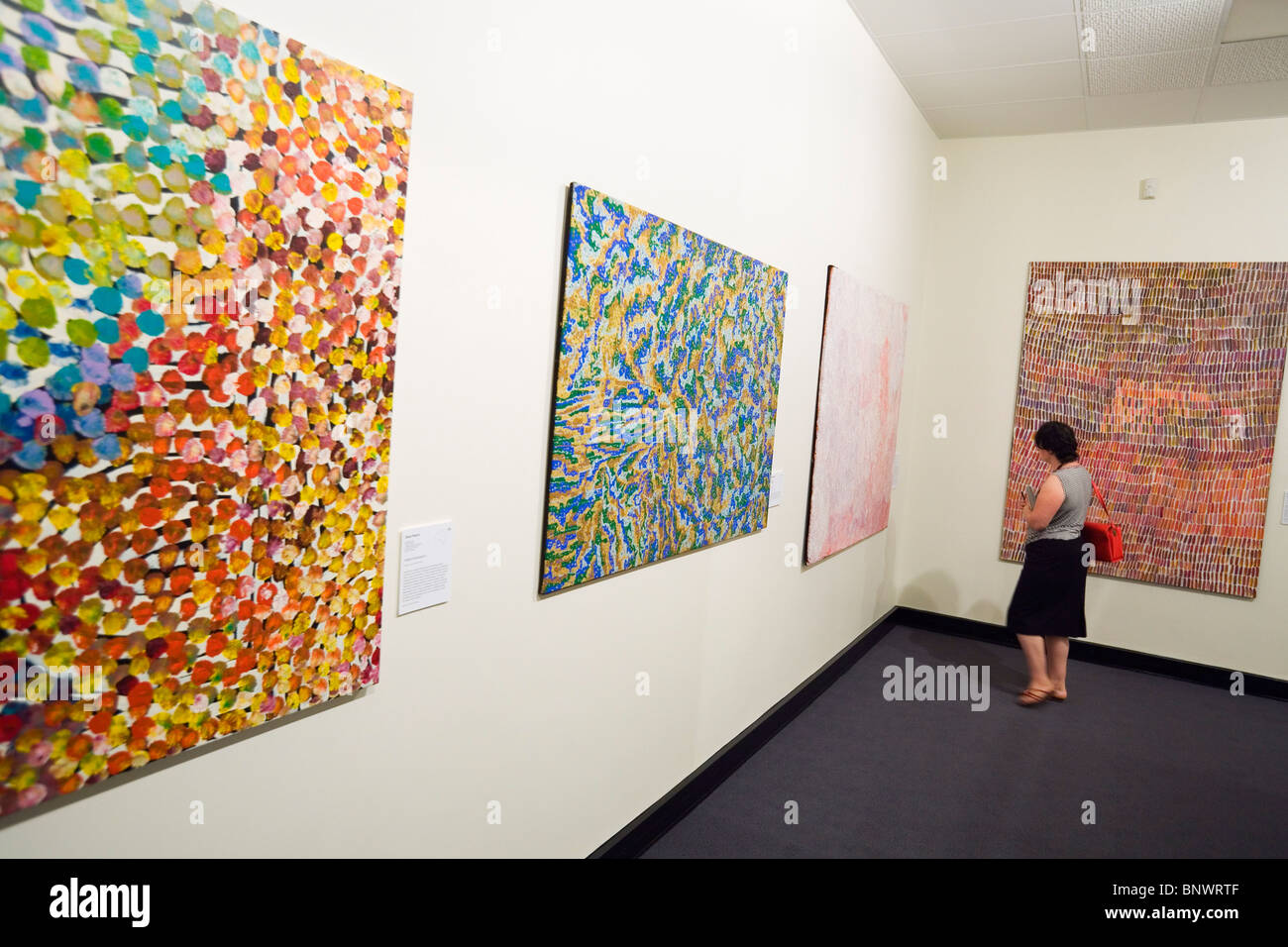 Opere d'arte aborigena nel Museo e Galleria d'Arte del Northern Territory. Darwin, Territorio del Nord, l'Australia. Foto Stock