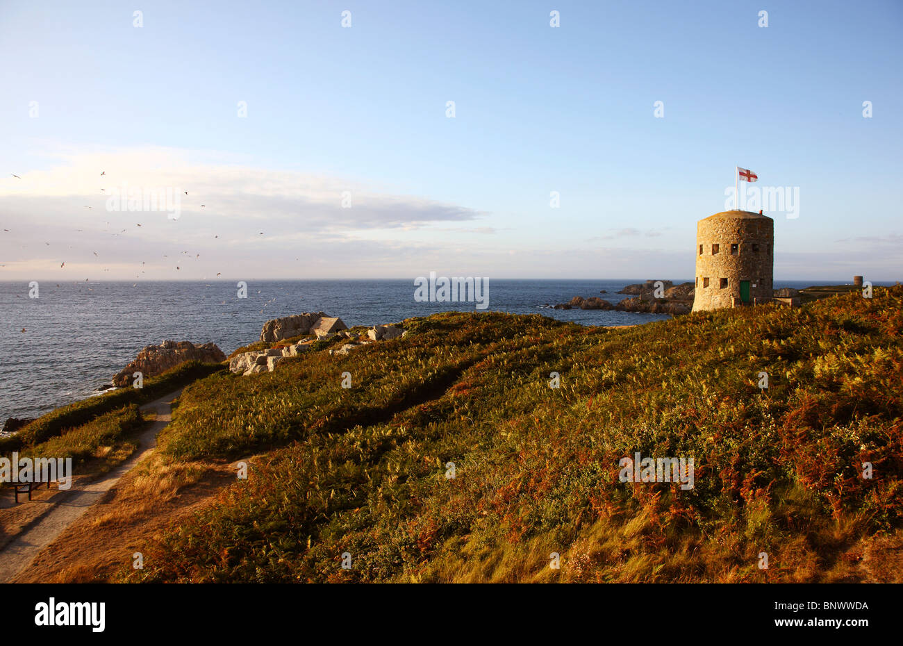 Torri di avvistamento, alla costa nord dell'isola di Guernsey, chiamato Martello torri. Guernsey, Isole del Canale, Regno Unito, Europa Foto Stock