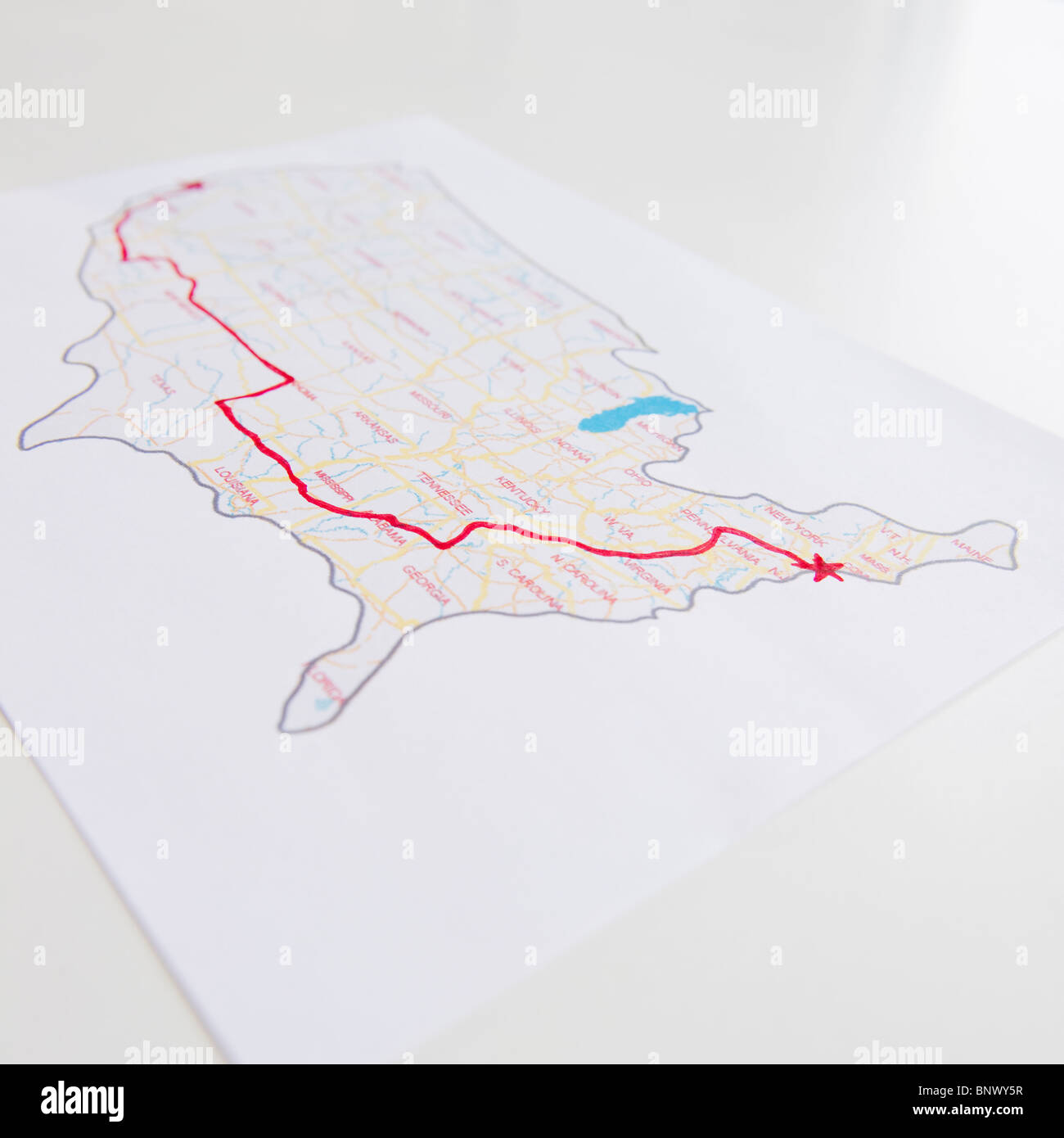 Viaggio pianificato su una mappa Foto Stock