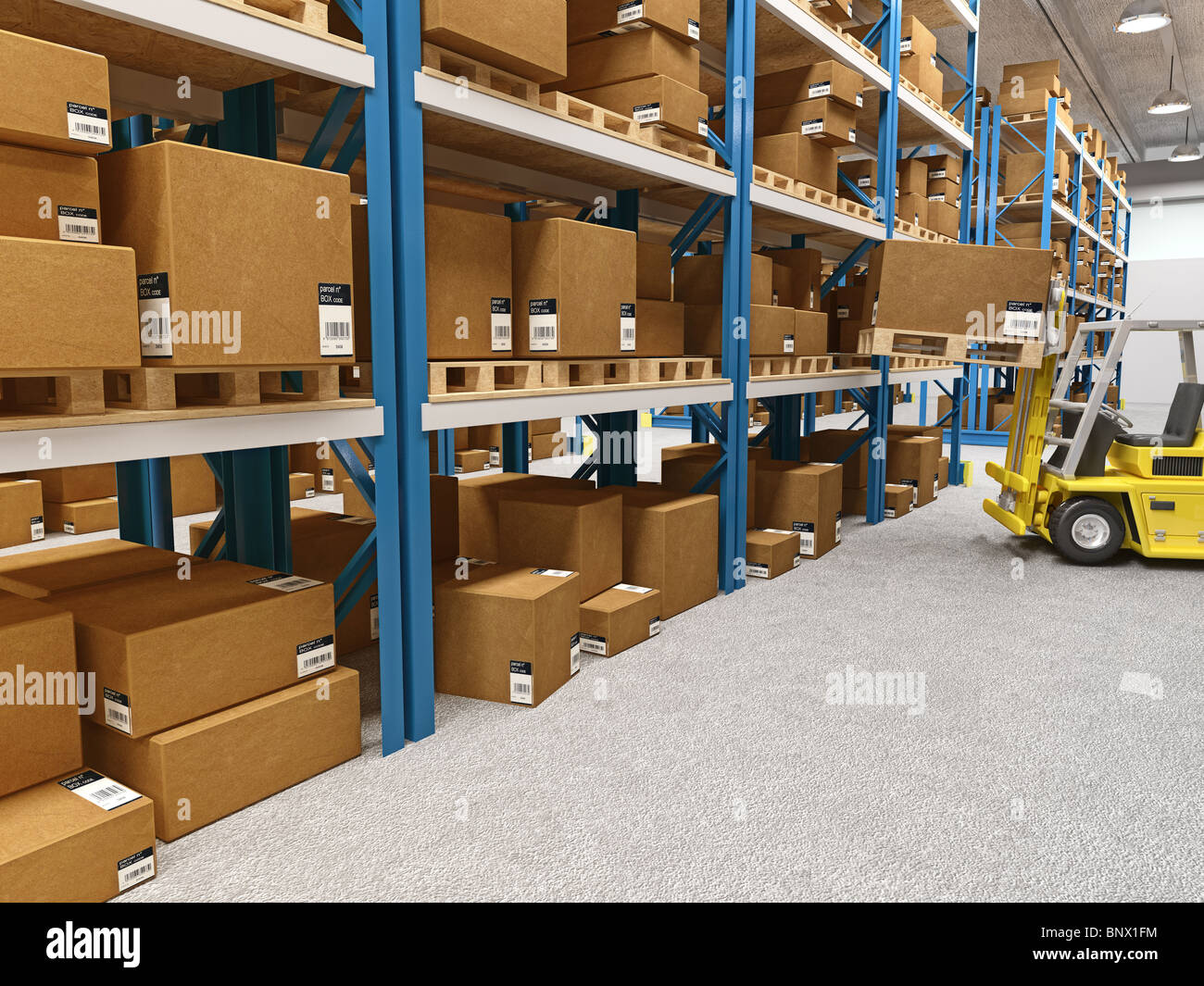 Bella immagine 3d del magazzino classico e il carrello elevatore in azione Foto Stock