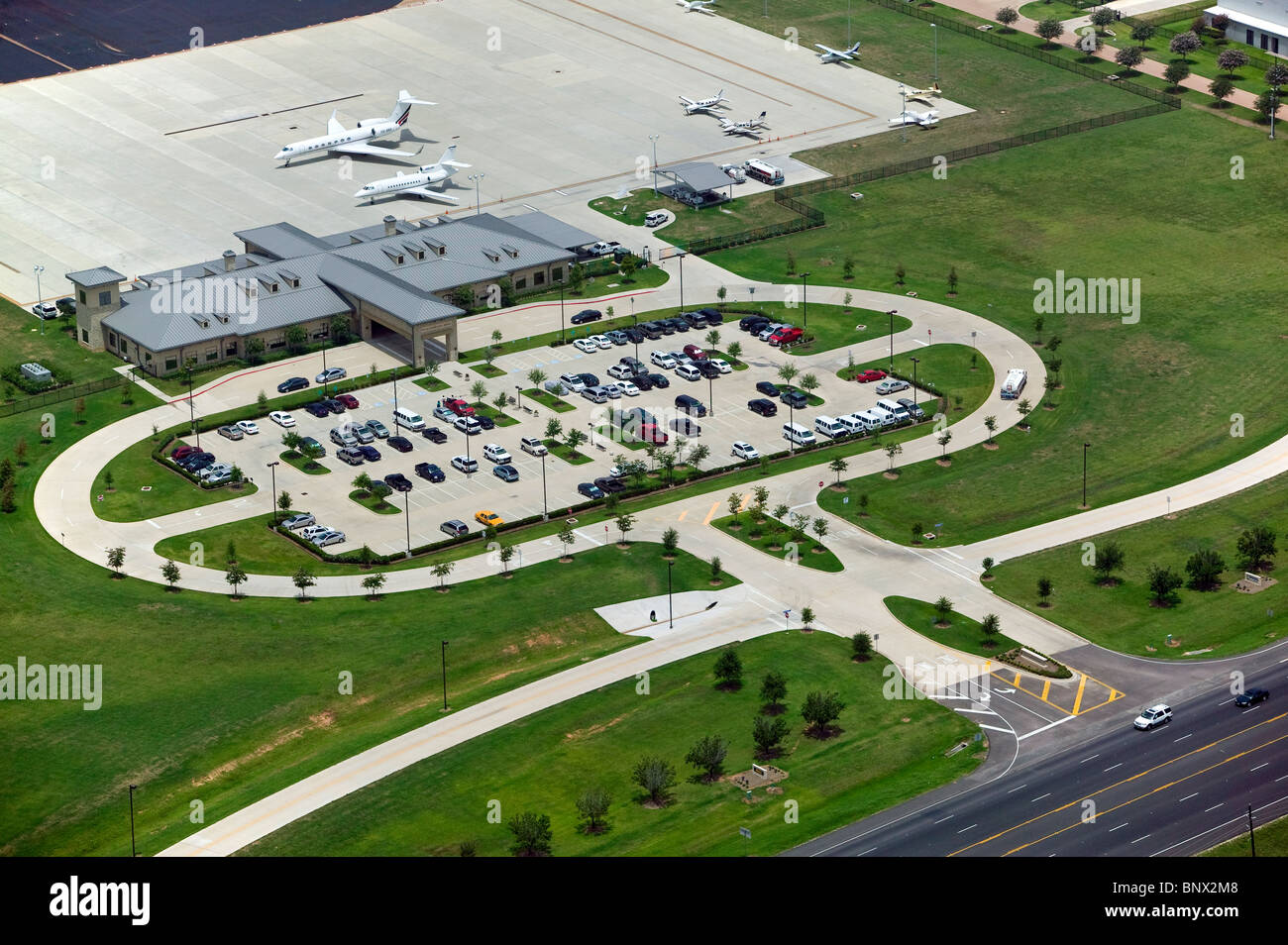Vista aerea sopra airport terminal Sugar Land Texas Foto Stock