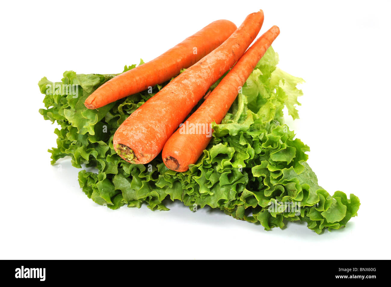 Tre le carote su un letto di foglie verdi isolati di lattuga su sfondo bianco. Foto Stock